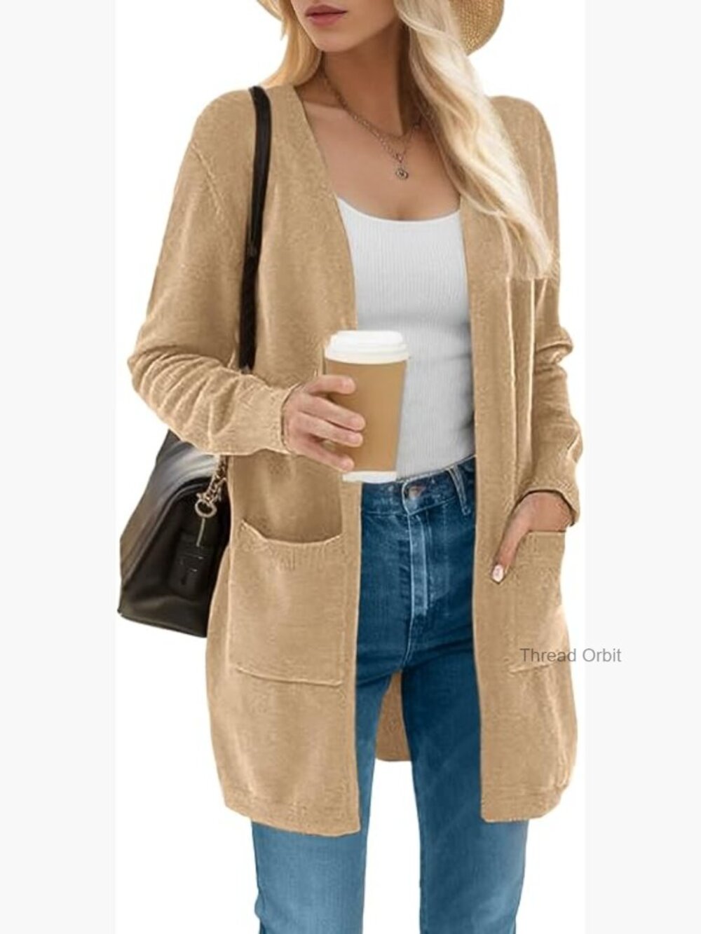 Large Loose Fit Cardigan with Pockets, Long Sleeve Open Front Knit
